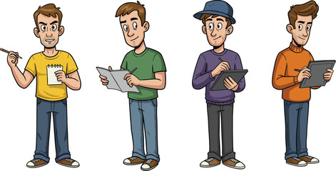 Cartoon, men, drawing, writing, sketching, digital, tablet, pencil, notepad, character, pose, creativity, vector, illustration, casual, outfit, activity, emotion, tools, expression