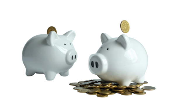 Collection of Two Money Saving Piggy Bank Scenes isolated on transparent background