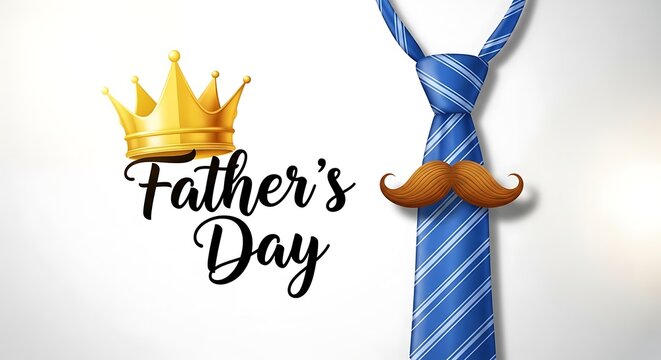 Happy fathers day with golden crown, mustache and blue tie on white background
