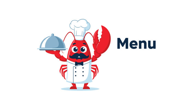 A cartoon lobster chef wearing a chef hat and uniform holds a silver cloche over a plate with a raised claw, next to the word \ "Seafood".