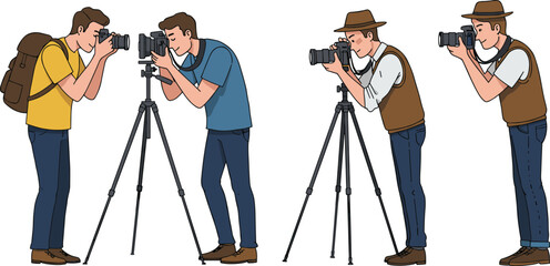 Cartoon, photographers, camera, tripod, teamwork, character, outdoor, gear, pose, hobby, casual, formal, vector, illustration, activity, emotion, style, backpack, photography, setup