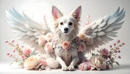 Angelic white dog with feathered wings and pastel flowers high resolution photo