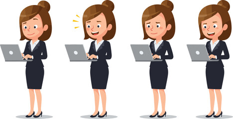 Cartoon, woman, laptop, business, emotion, character, pose, working, office, technology, vector, illustration, casual, formal, activity, expression, reaction, digital, typing, job