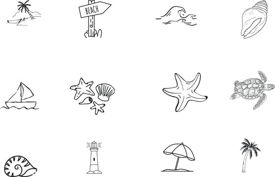  hand drawn doodel sea beach icon set