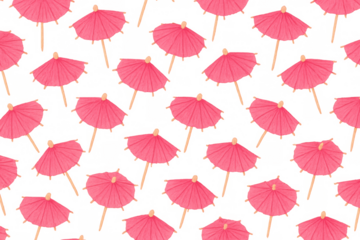 Pink cocktail umbrella repeating pattern creating a fun design for summer drinks and party decorations on transparent background
