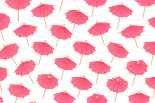 Pink cocktail umbrella repeating pattern creating a fun design for summer drinks and party decorations on transparent background