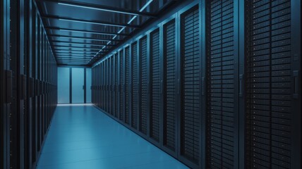Illuminated corridor in server room with rows of rack servers for data storage