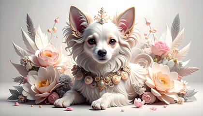 Elegant fantasy dog adorned with soft blossoms and feathers high resolution photo