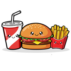 Cute Kawaii Fast Food Set with Smiling Burger, French Fries, and Soda Cup Vector Illustration