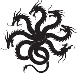Mythical black hydra monster with multiple heads in silhouette for banners