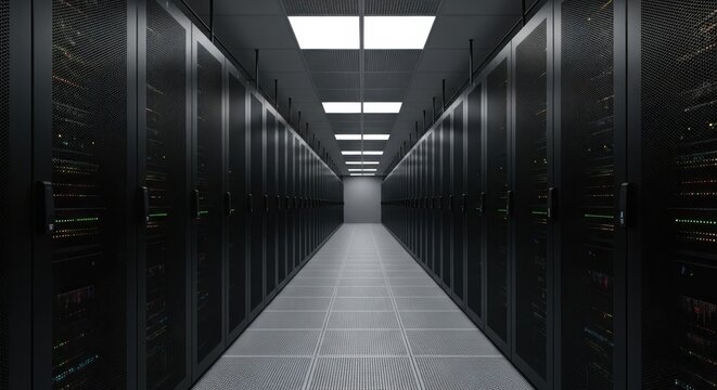 Server room with rows of rack servers for data storage and processing