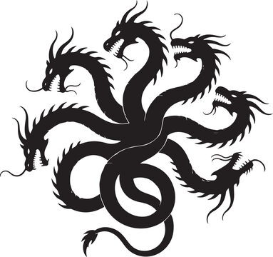 Mythical black hydra monster with multiple heads in silhouette for banners