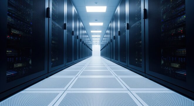 Data center with rows of server racks for data storage and processing
