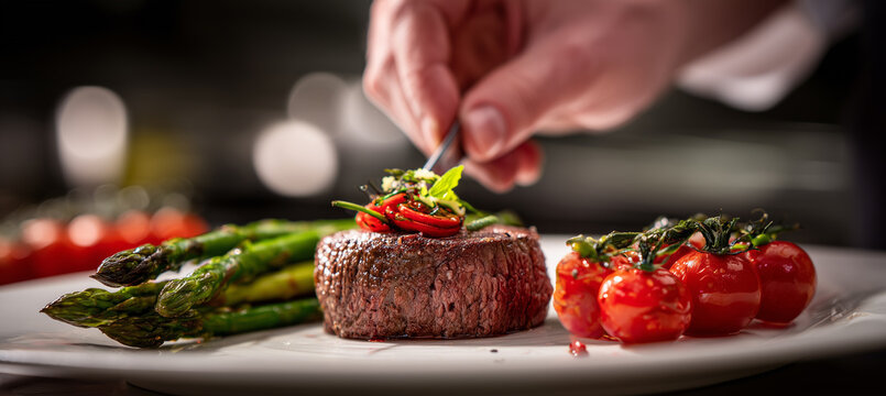 Chef prepares a delicious plate of steak with fresh asparagus and tomatoes