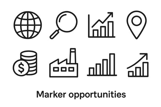 Global Market Icons. Market Opportunities linear icon set: globe, magnifying glass, chart, map pin, coin stack, factory, bar graph, arrow.