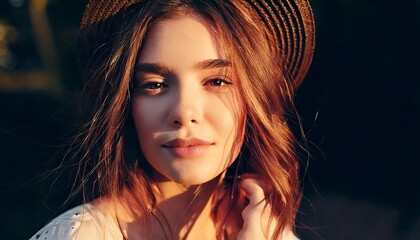 Warm golden hour portrait of a young woman wearing a straw hat