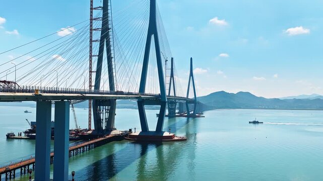 Aerial shot of a magnificent cable-stayed sea-crossing bridge with traffic flow and ongoing over the blue ocean. Famous Xiangshan Port Cross-Sea Bridge is located in Ningbo, China.