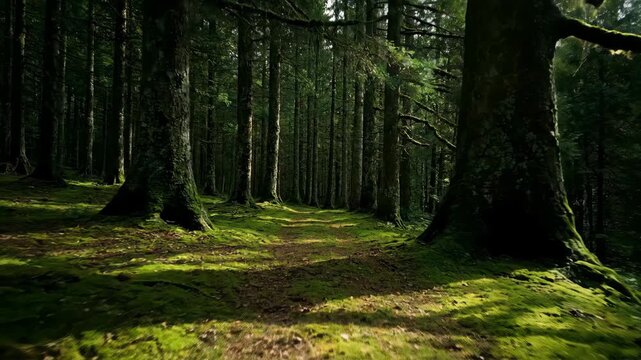 Sunlit forest trail through towering trees and lush green moss