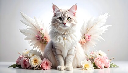 Graceful white cat posing with elegant blossoms and feathers high resolution photo