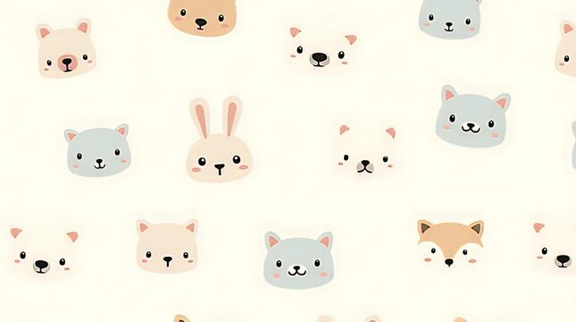 Adorable seamless pattern of cute animal faces like bears, bunnies, cats, and foxes in soft pastel colors, minimal cartoon kawaii vector for children&rsquo;s wallpaper or prints.