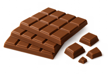 Stacked milk chocolate bars showing individual segments and broken pieces on a transparent background
