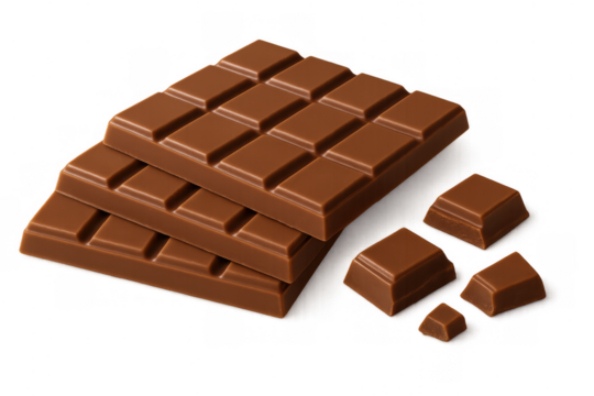Stacked milk chocolate bars showing individual segments and broken pieces on a transparent background