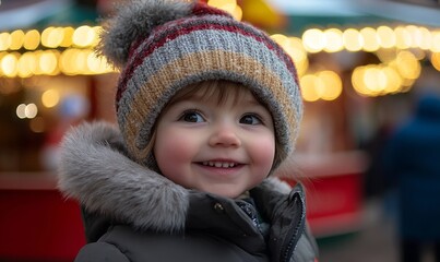 Toddler at a Christmas market, enjoying festive lights and the winter atmosphere. A heartwarming image capturing the joy of Christmas Holidays and family celebrations, Generative AI