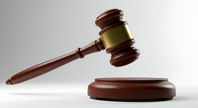 A wooden gavel poised above a sounding block, symbolizing justice and legal proceedings in a courtroom setting