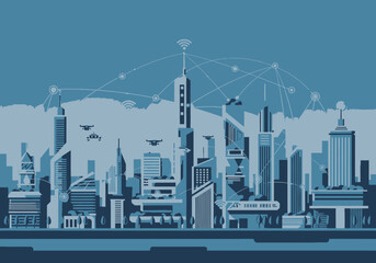 Obraz premium Futuristic Cityscape with Drones and Network Connections in Blue Tones.