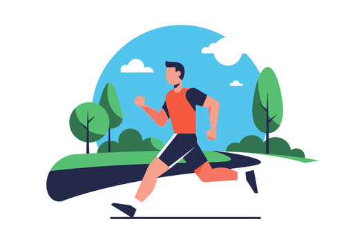 Energetic cartoon man in orange and black sportswear running with dynamic stride fitness illustration. - Powered by Adobe