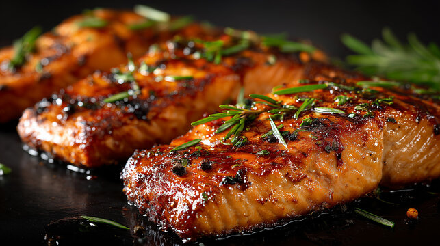 Grilled salmon fillets with fresh herbs on a dark plate
