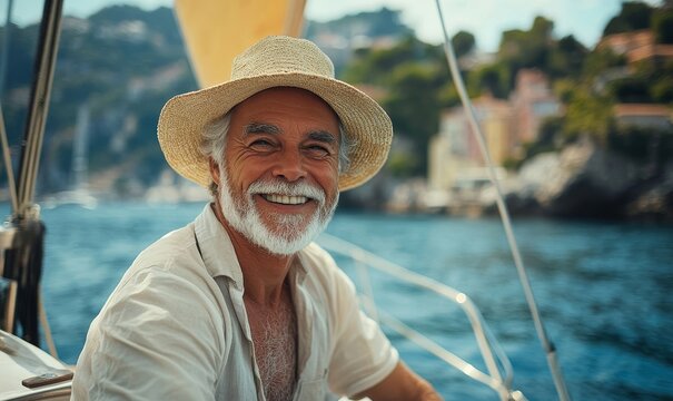 Portrait of a happy senior man sailing a boat in Italy. A joyful scene of relaxation and adventure, perfect for travel or lifestyle themes, Generative AI