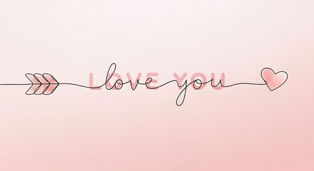 I love you text with arrow and heart on pink background, minimal design