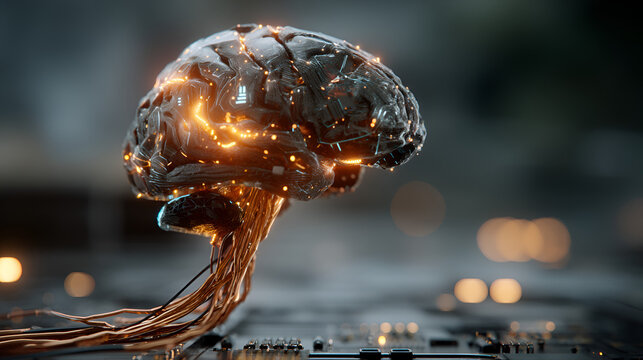 Brain Neural Network with Glowing Connections on Circuit Board