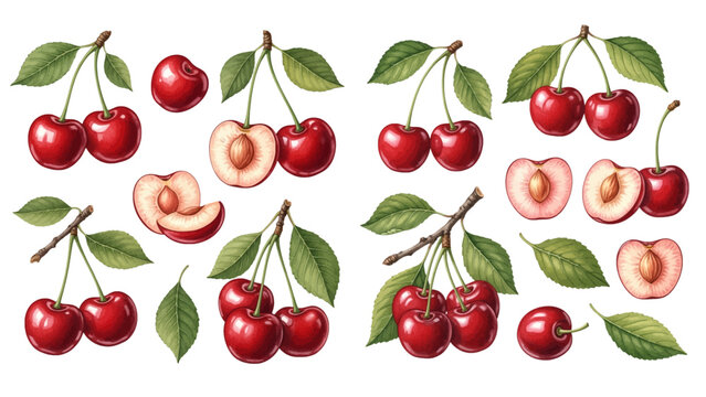 A collection of hand-drawn ripe red cherries with green leaves, shown whole, in pairs, and sliced in half to reveal the pit.