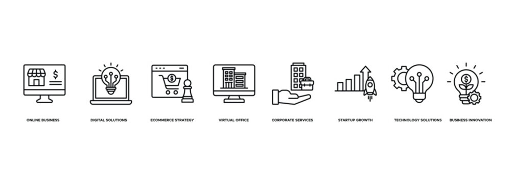 Banner Online Business Solutions icon. Online Business, Digital Solutions, Ecommerce Strategy, Virtual Office, Corporate Services, Startup Growth, Technology Solutions, Business Innovation