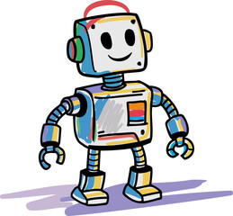 Playful colorful robot cartoon illustration symbolizing artificial intelligence, creativity, and education. Perfect for children’s learning materials, technology concepts, or innovation themes.