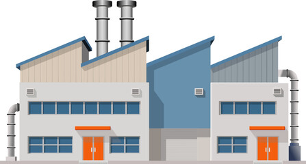 Illustration of a modern industrial factory building with chimneys and ventilation systems, symbolizing production, manufacturing, and industrial infrastructure in urban or business environment