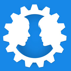 Creative concept showing two human faces within a gear shape on blue background, representing teamwork, communication, innovation, and collaboration in engineering or business environments.