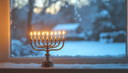 Hanukkah menorah lighting up a cold winter scene