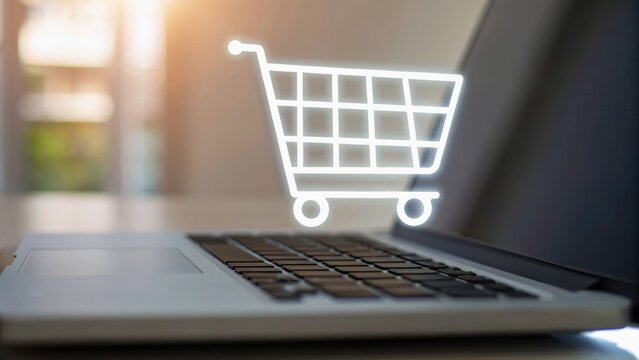 A laptop displaying an outline of a shopping cart, symbolizing online shopping, set in a bright environment. - Powered by Adobe