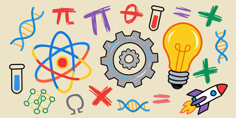 Colorful hand-drawn illustration combining science, technology, and creativity concepts featuring DNA, atom, gear, light bulb and rocket, representing innovation, research, and education