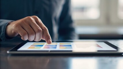 A hand interacting with a tablet displaying vibrant images, emphasizing technology and digital engagement in a modern setting.