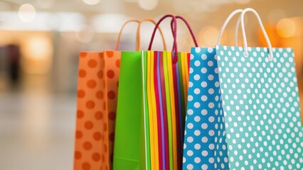 Colorful shopping bags arranged together, creating a vibrant display against a blurred background, suggesting a retail or shopping atmosphere.