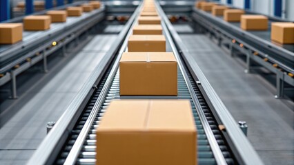 Automated conveyor system transporting cardboard boxes in a warehouse setting, showcasing modern logistics and efficiency.