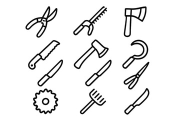 Garden Tools Icons. Garden Cutting Tools linear icon set: pruning shears, hedge trimmer, lopper, hand saw, axe, sickle, spade, knife, grass shears, saw blade, rake, machete. , .