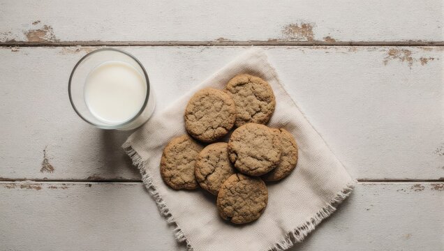 Freshly Baked Oatmeal Cookies with a Glass of Milk on a Rustic Wooden Table.
