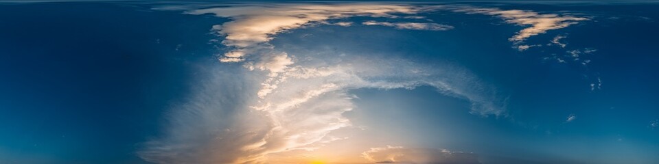 Fototapeta premium 360 panorama of glowing sunset sky with bright Cirrus clouds. Seamless hdr spherical 360 panorama. Sky dome in 3D visualization, sky replacement for aerial drone panoramas. Weather and climate change