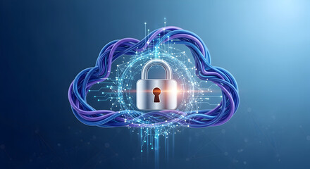 Abstract illustration of cloud security services stylized cloud icon integrated with a secure padlock symbol representing data protection and cybersecurity in cloud computing environments 11850033 1