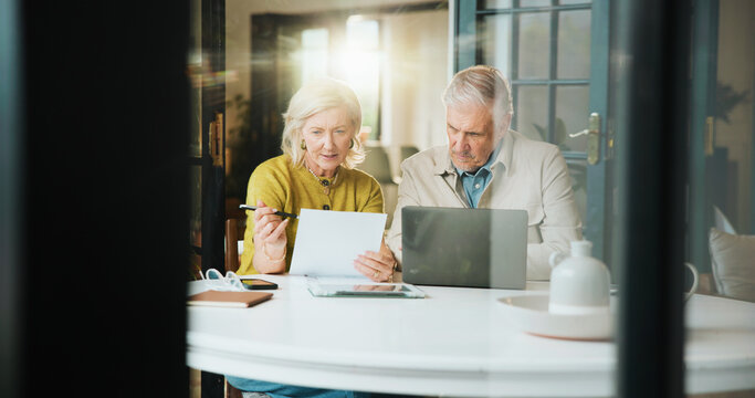 Laptop, documents and taxes with old couple in home for retirement fund, mortgage payment and budget. Online banking, savings account and pension review with senior man and woman in house for audit - Powered by Adobe